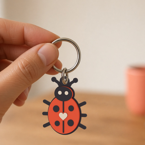 Bug Keychain: 3D printed coral ladybug keychain with black spots and a cream heart, hanging from a split ring held in two fingers.