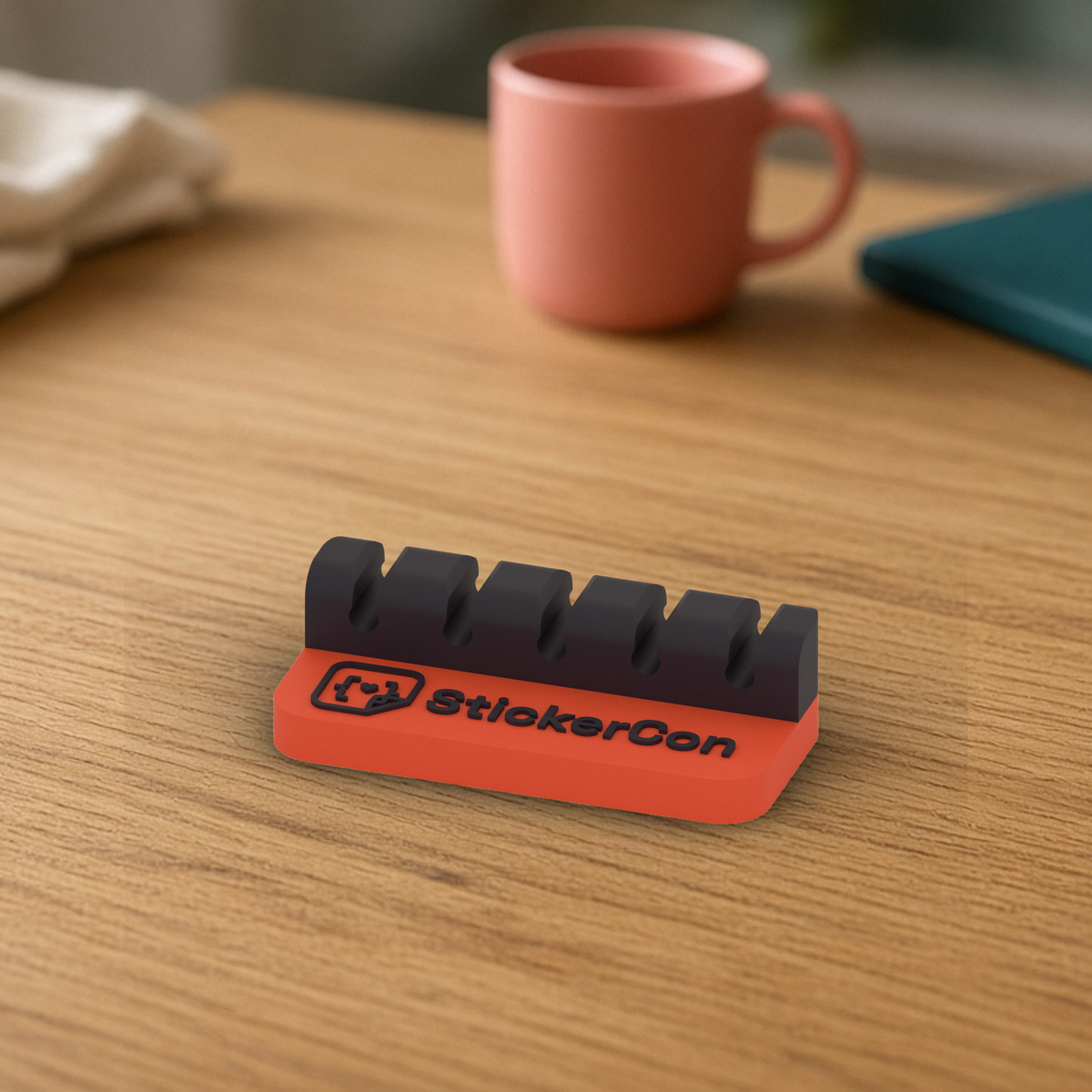 Cable Dock: 3D printed coral and black StickerCon cable dock with five cable slots on a wooden desk.