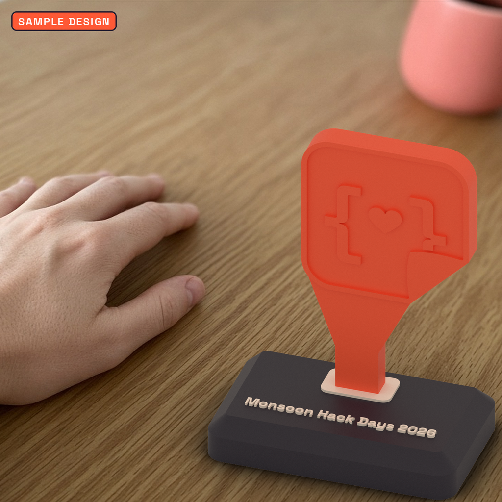 Custom 3D printed conference trophy in coral on a dark base, beside a hand for scale, sample design for a made-up event