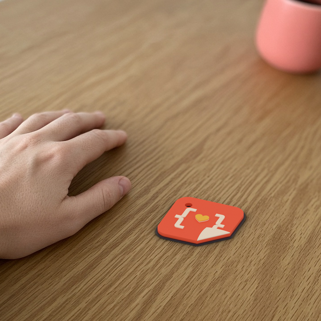 Custom Keychain: coral 3D printed StickerCon logo keychain lying flat on a wooden desk beside a hand for scale.
