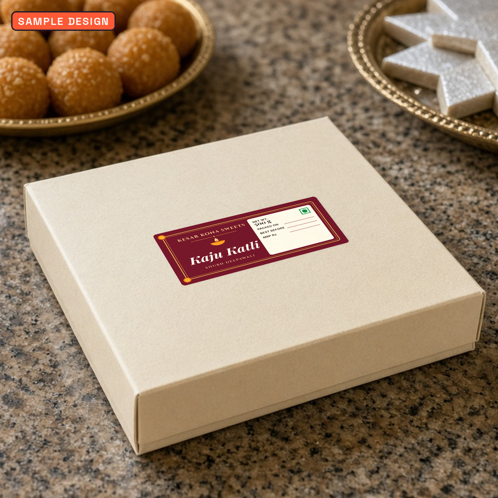 Custom sweet box label, 100 x 50 mm festive Diwali kaju katli label for Kesar Kona Sweets on a cream sweet box lid, sample design for a made-up sweet shop