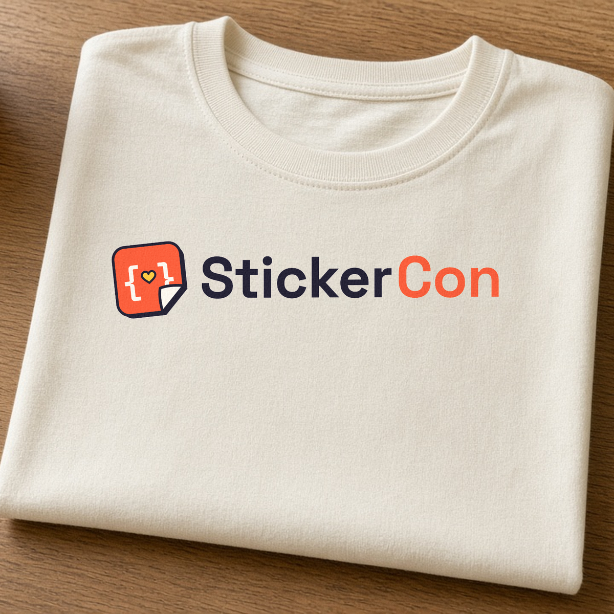 Custom Tees: folded cream tee with a StickerCon logo chest print on a wooden desk.