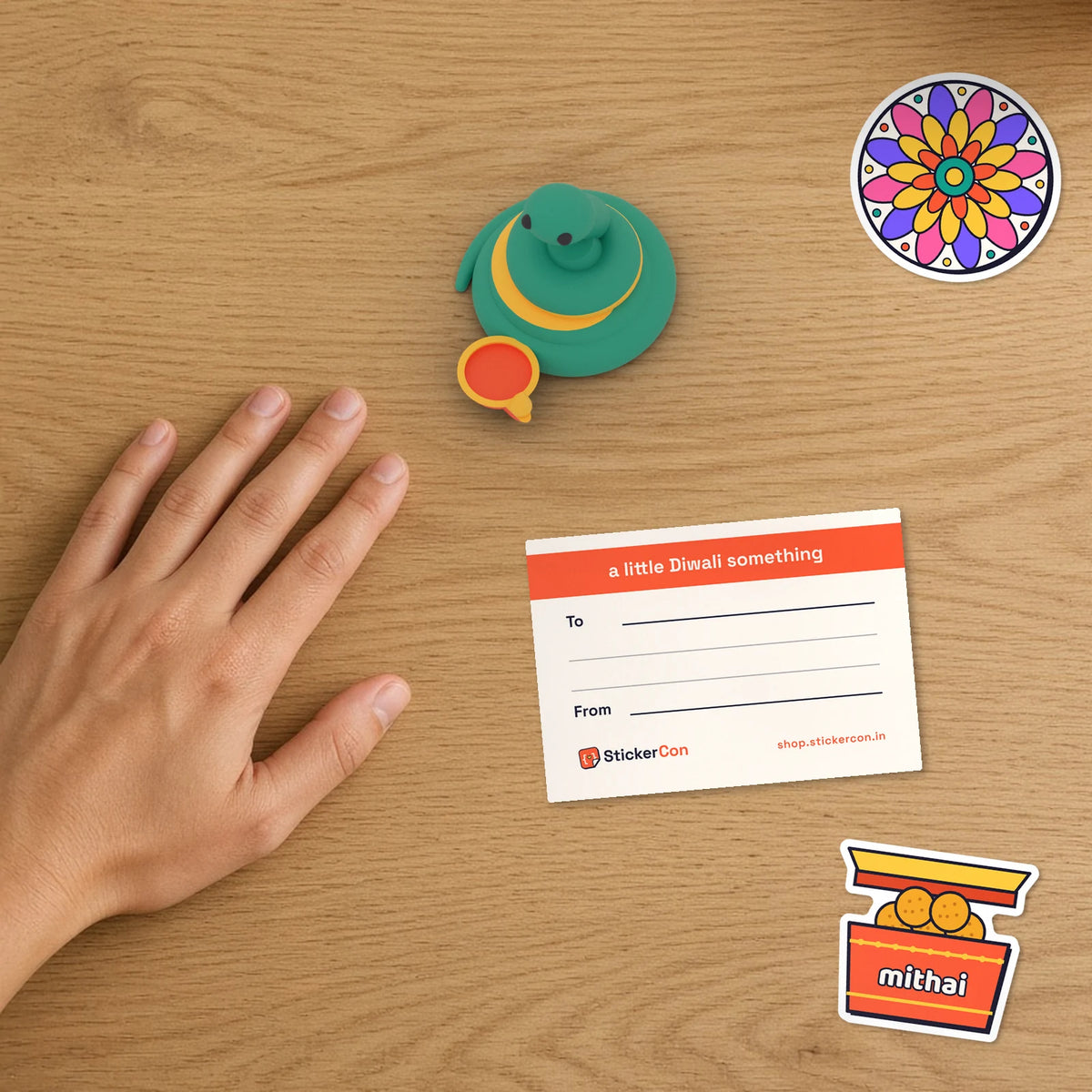 Close-up of the Diwali Desk Set card back with To and From lines, Diwali Pip and two festive stickers