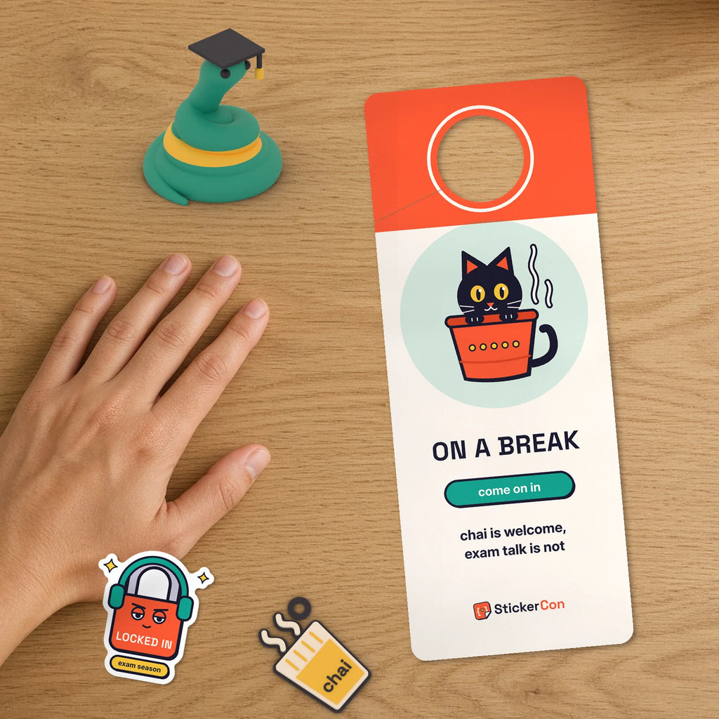 Close-up of the Exam Mode Study Set door hanger showing Exam Mode and On a Break sides with Pip and stickers
