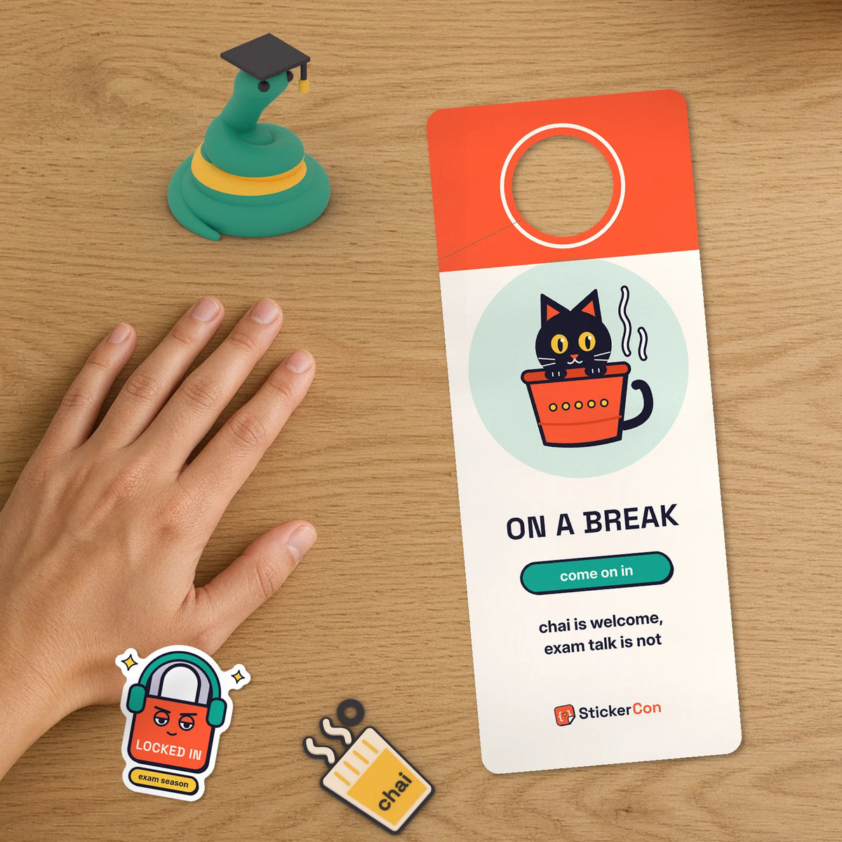 Close-up of the Exam Mode Study Set door hanger showing Exam Mode and On a Break sides with Pip and stickers