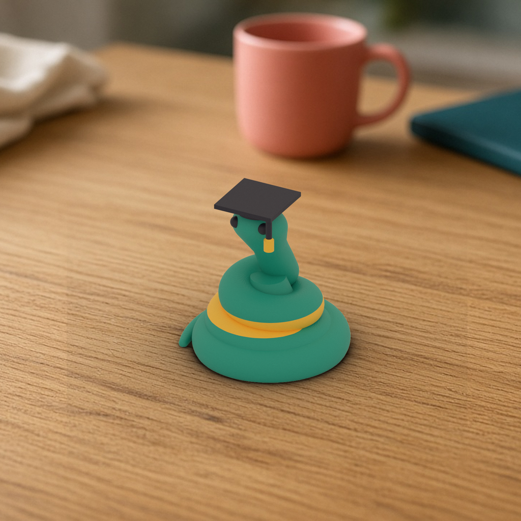 Graduate Pip: 3D printed teal snake wearing a dark graduation cap with a yellow tassel, on a wooden desk.