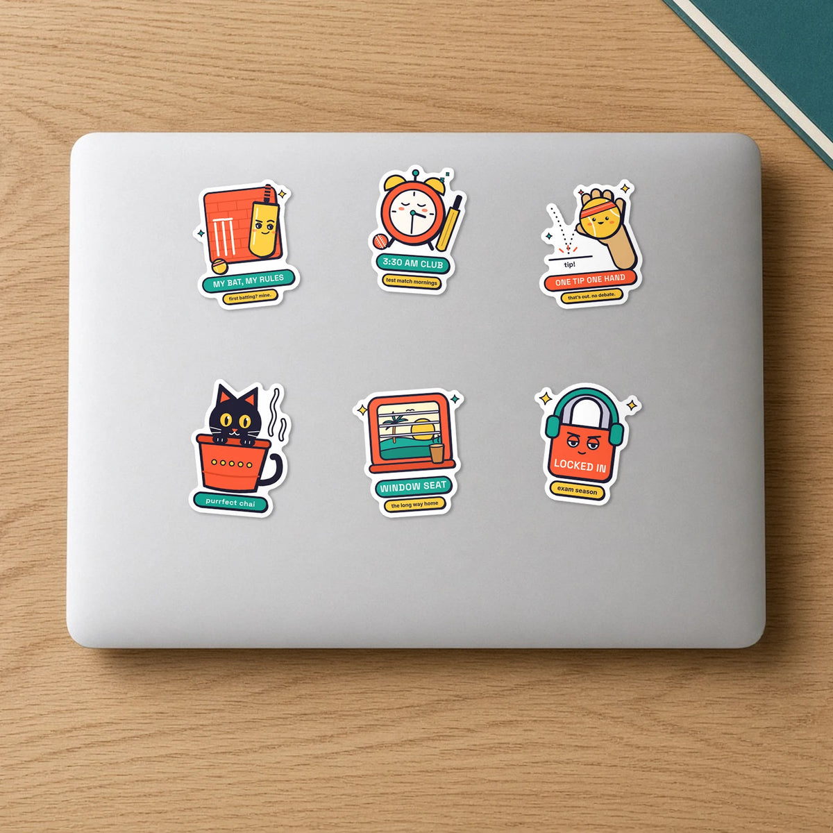 Gully Rules Sticker Pack: six stickers on a laptop lid including My Bat My Rules, One Tip One Hand, 3:30 AM Club, Kulhad Cat, Locked In and Window Seat