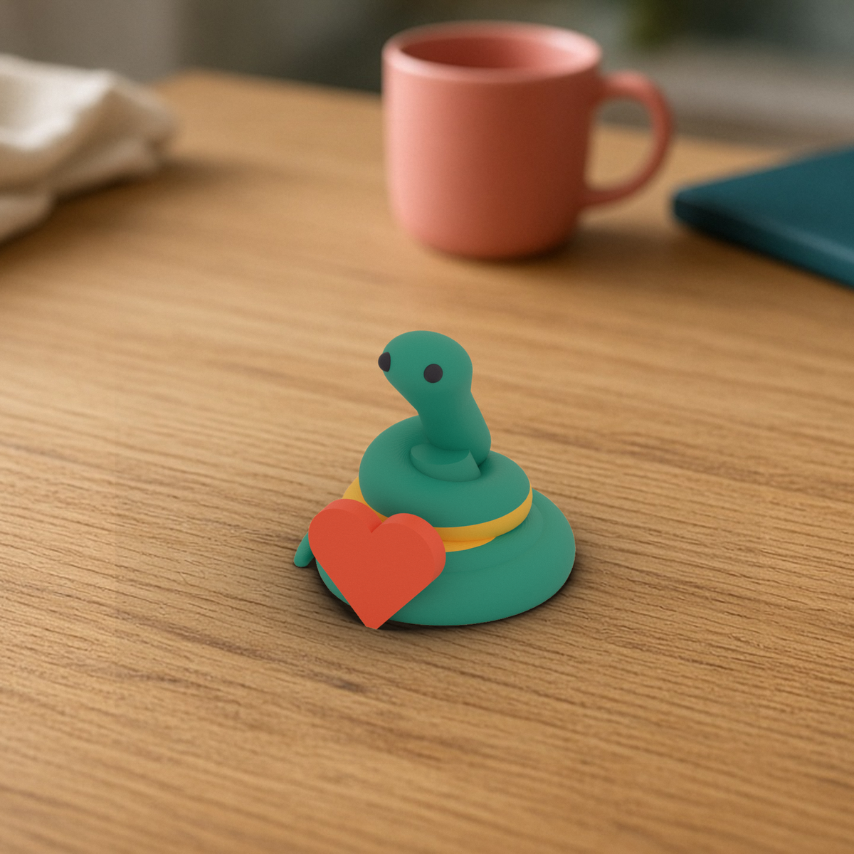 Heart Pip: 3D printed teal snake with a yellow stripe holding a big coral heart, on a wooden desk.
