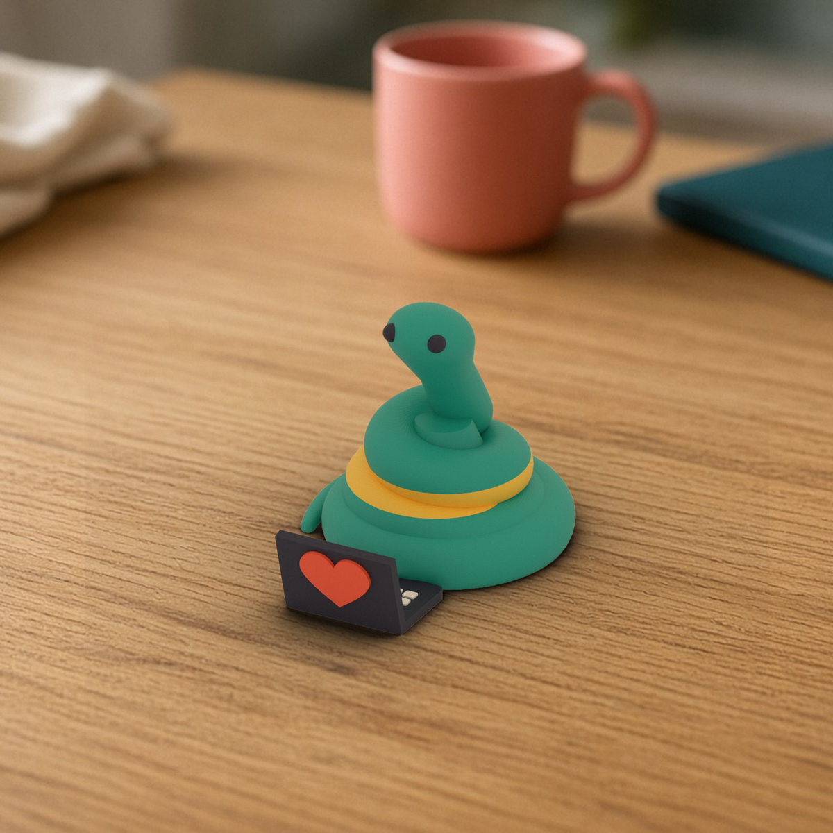 Laptop Pip: 3D printed teal snake with a yellow stripe beside a tiny dark laptop with a coral heart, on a wooden desk.