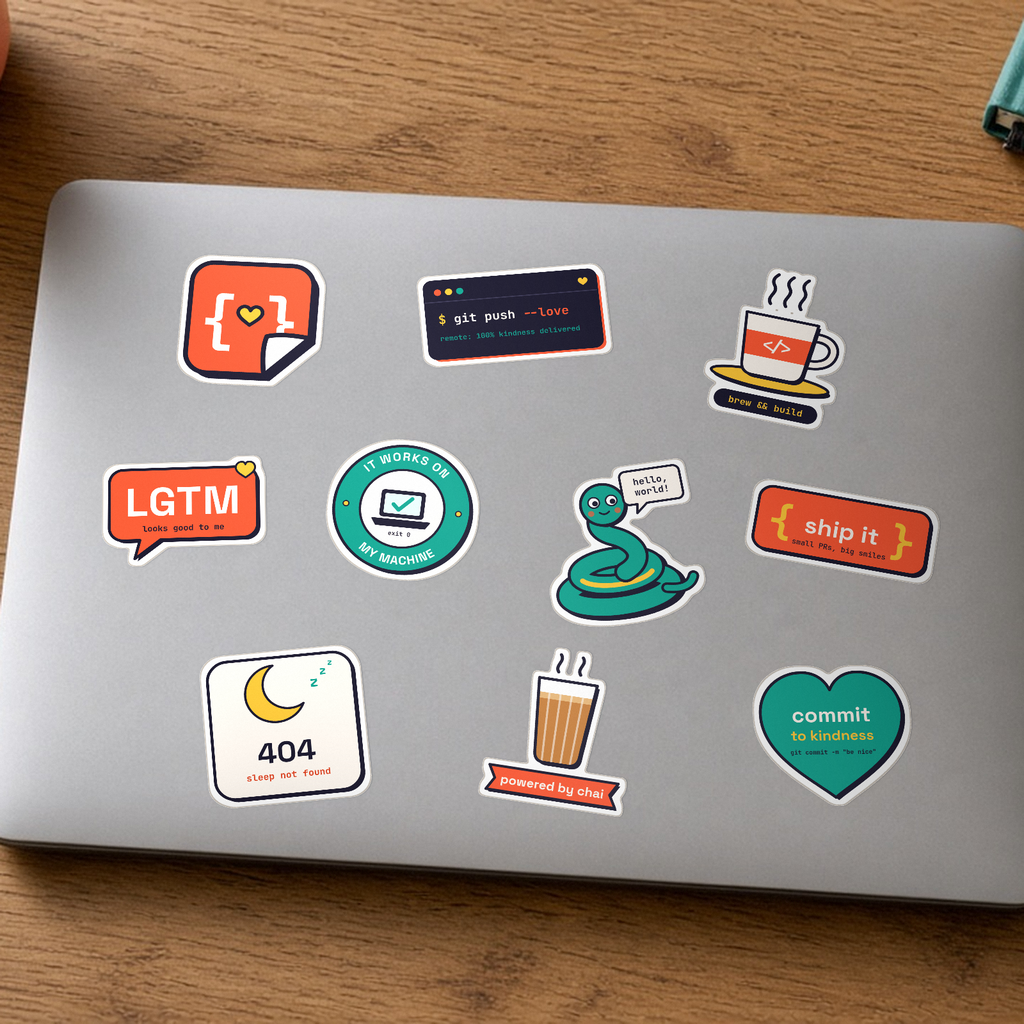 Laptop Sticker Pack: all ten StickerCon designs, including LGTM, ship it, 404 sleep not found and Pip the snake, on a silver laptop lid.
