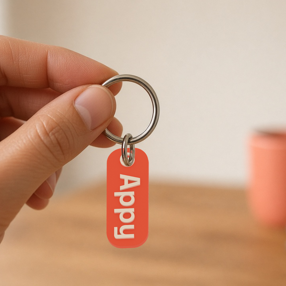 Personalised Name Keychain: coral 3D printed tag with the sample name Appy in raised cream letters, hanging from a split ring.