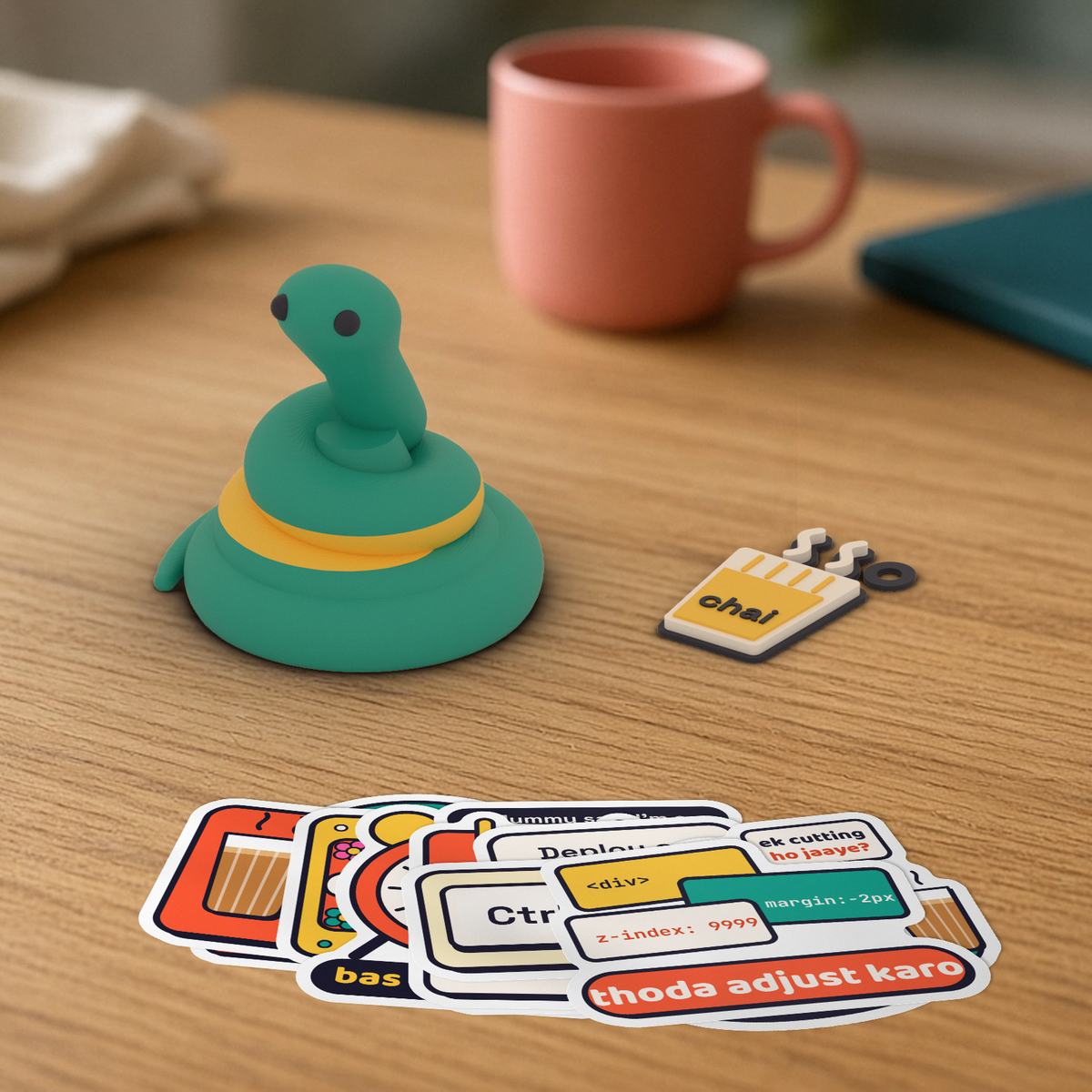 StickerCon Starter Bundle: classic Pip the snake, a chai keychain and the ten Desi Dev stickers fanned out on a wooden desk.
