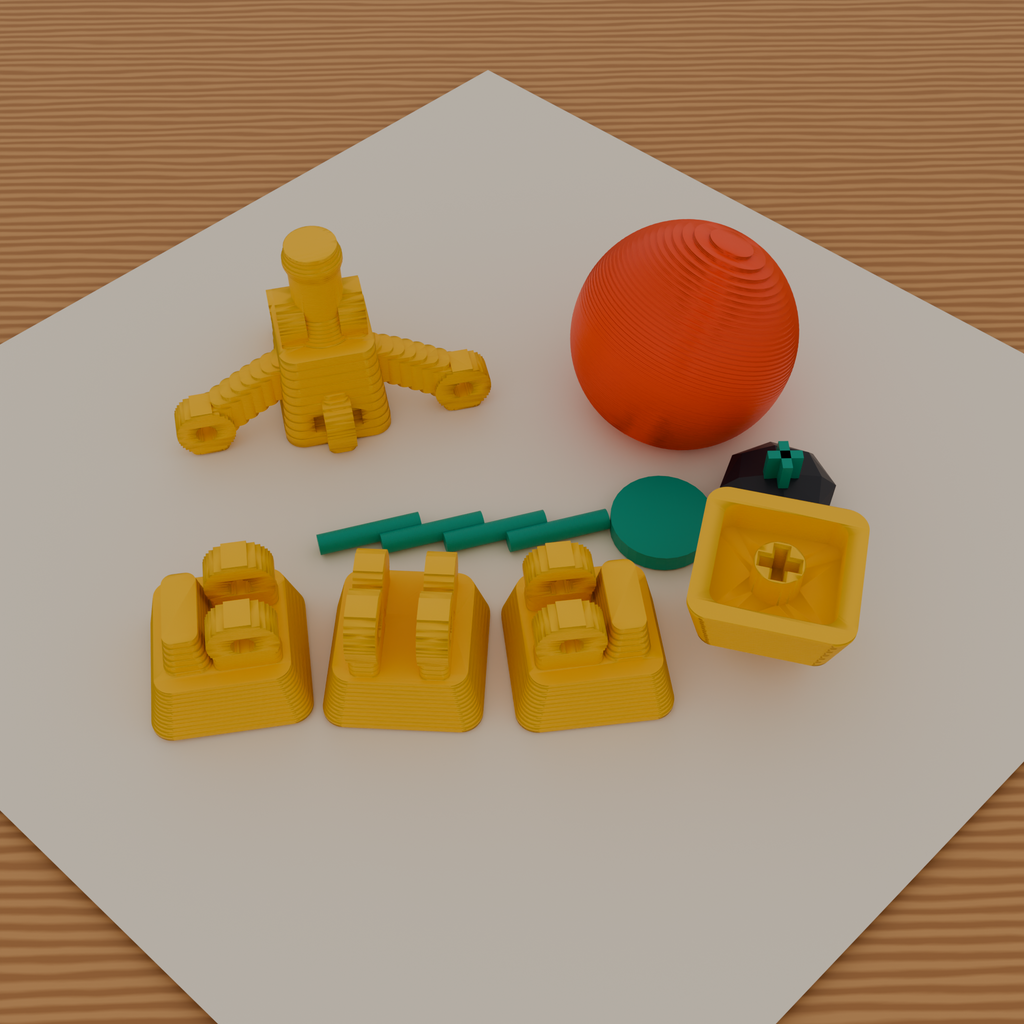 Knolled studio photo on a cream desk mat showing the 4 sculpted yellow cross-stem keycap base blocks with clevis hinges, central gimbal hub, 4 teal hinge pins, 28 mm coral ball-top and a mechanical switch